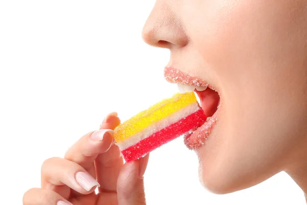 Schöne Junge Frau Mit Zuckerlippen Die Marmelade Isst Nahaufnahme — Stockfoto