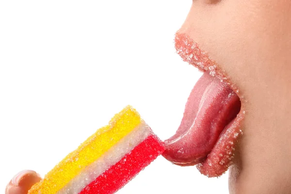 Schöne Junge Frau Mit Zuckerlippen Die Marmelade Isst Nahaufnahme — Stockfoto