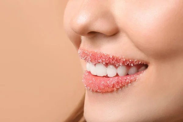 Beautiful Young Woman Sugar Lips Closeup — Stock Photo, Image