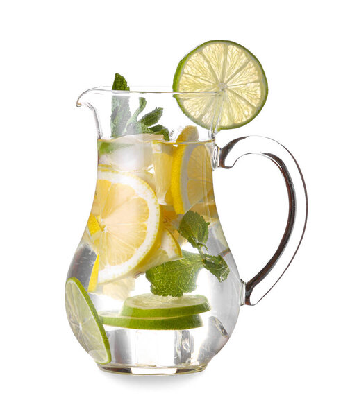 Jug of tasty cold lemonade on white background