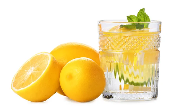 Glass Tasty Cold Lemonade White Background — Stock Photo, Image