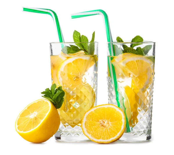Glasses Tasty Cold Lemonade White Background — Stock Photo, Image