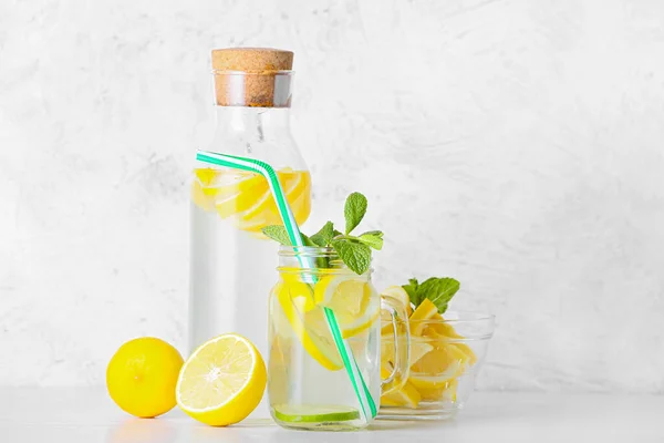 Bottle Mason Jar Tasty Cold Lemonade Light Background — Stock Photo, Image