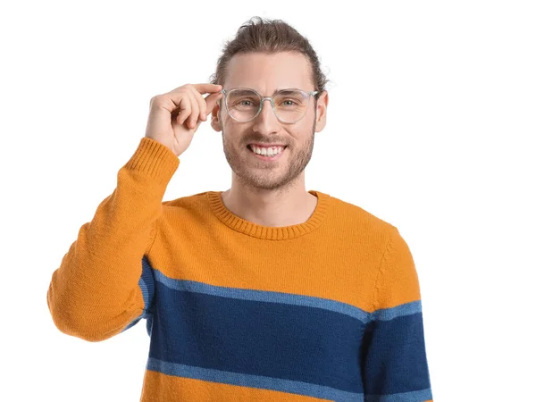 Ung Man Bär Glasögon Vit Bakgrund — Stockfoto