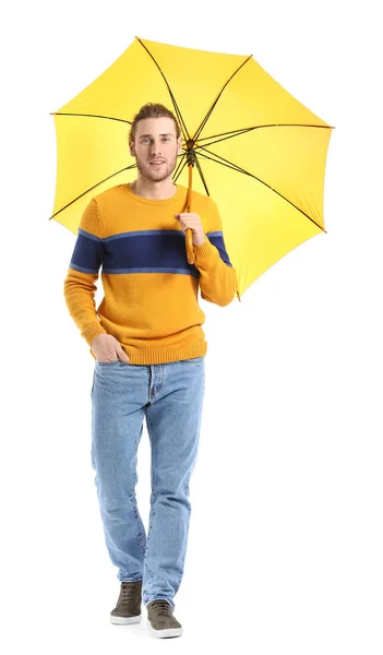 Beau Jeune Homme Avec Parapluie Sur Fond Blanc — Photo