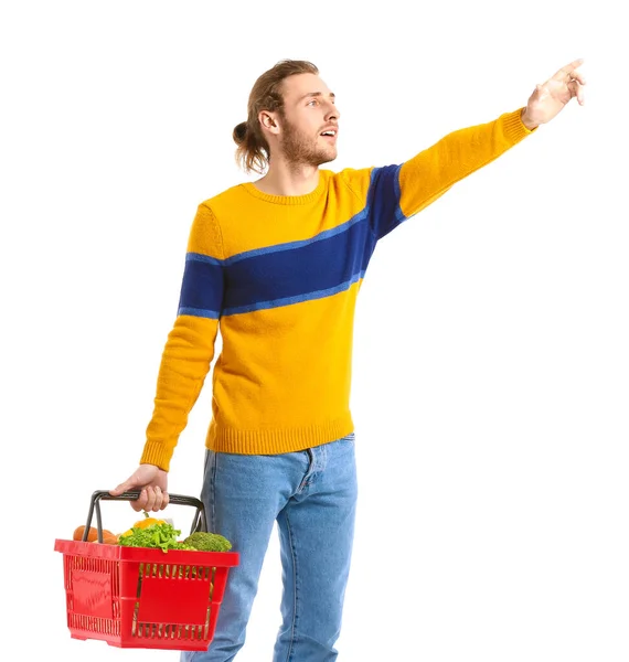 Young Man Shopping Basket White Background — Stock Photo, Image