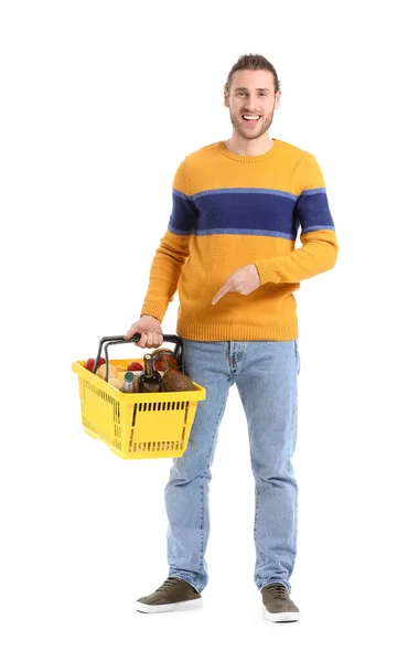 Young Man Shopping Basket White Background — Stock Photo, Image