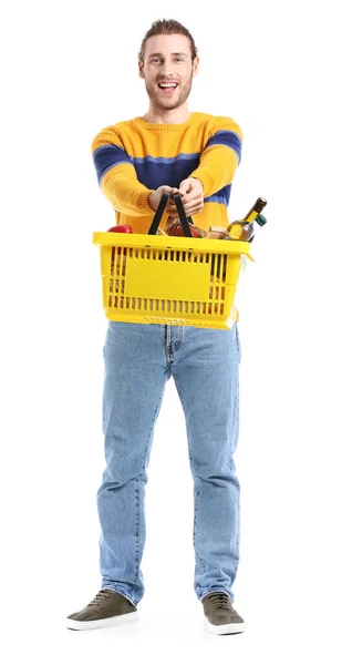 Young Man Shopping Basket White Background — Stock Photo, Image