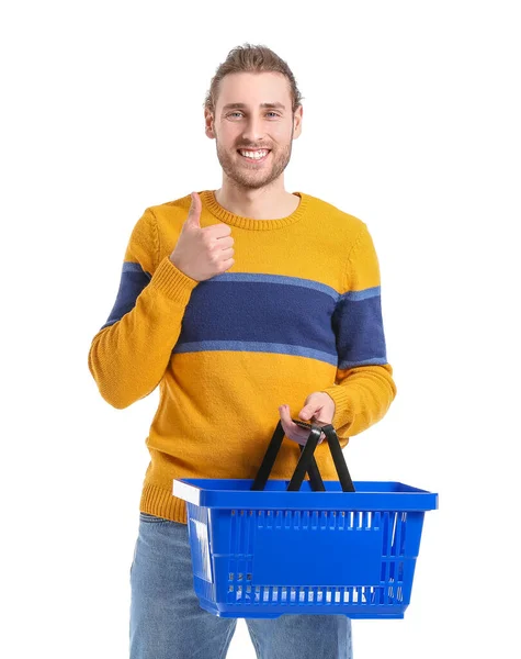 Jovem Com Cesta Compras Vazia Mostrando Polegar Para Cima Fundo — Fotografia de Stock