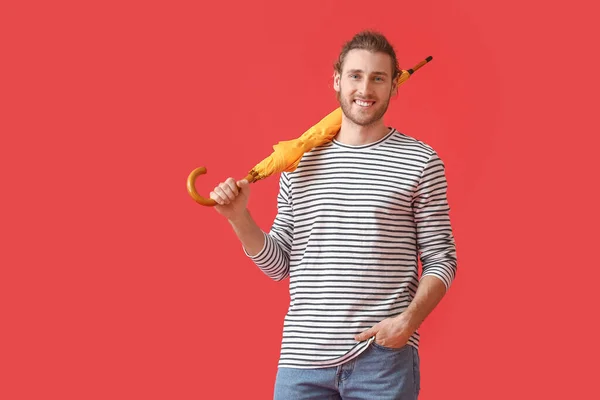 Handsome Young Man Umbrella Color Background — Stock Photo, Image