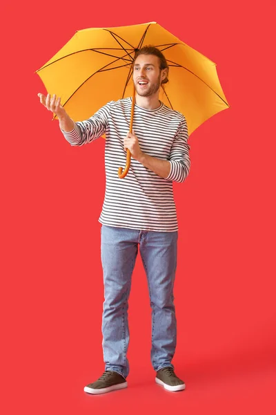 Handsome Young Man Umbrella Color Background — Stock Photo, Image