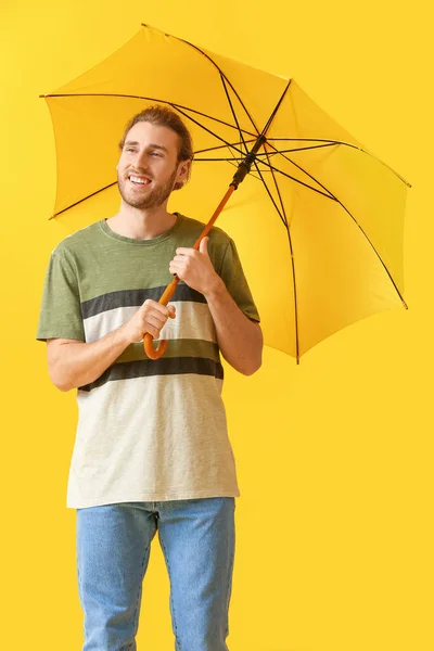 Handsome Young Man Umbrella Color Background — Stock Photo, Image