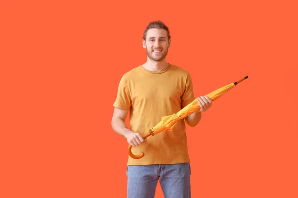 Handsome Young Man Umbrella Color Background — Stock Photo, Image