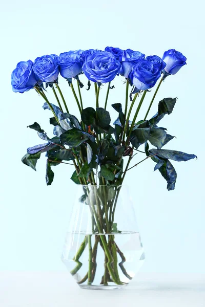 Vase Beautiful Blue Roses Color Background — Stock Photo, Image