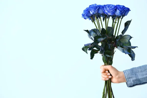 Γυναικείο Χέρι Όμορφα Μπλε Τριαντάφυλλα Στο Φόντο Χρώμα — Φωτογραφία Αρχείου