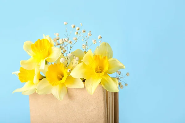 Bag Beautiful Daffodils Color Background — Stock Photo, Image