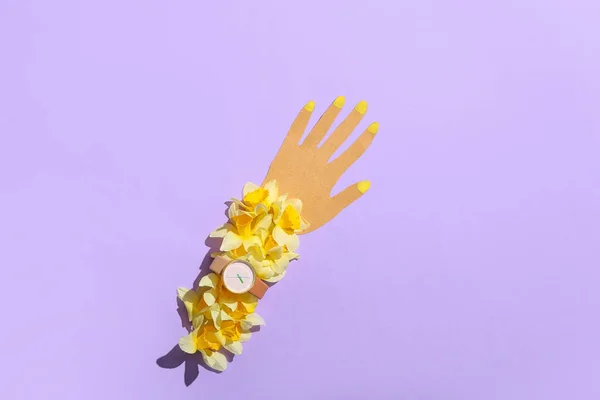 Paper Palm Wristwatch Beautiful Daffodils Color Background — Stock Photo, Image