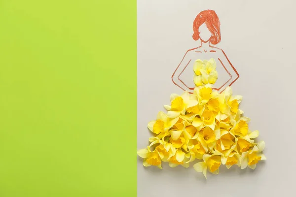 Drawn Woman Dress Made Beautiful Daffodils Color Background — Stock Photo, Image