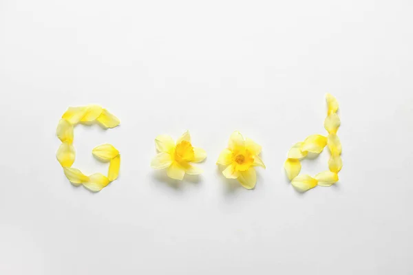 Woord Goed Gemaakt Van Mooie Narcissen Lichte Achtergrond — Stockfoto