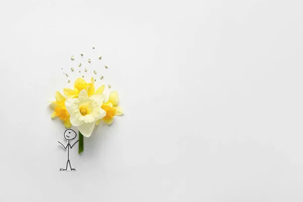 Creative Composition Beautiful Daffodils Drawn Boy Light Background — Stock Photo, Image