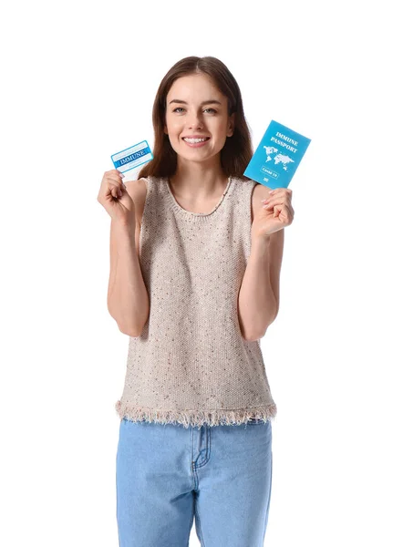 Young Woman International Certificate Vaccination Immune Passport White Background — Stock Photo, Image