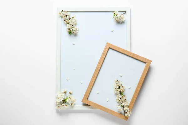 Blank Frames Beautiful Blooming Branches Light Background — Stock Photo, Image