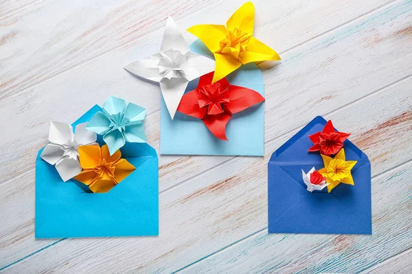 Origami Narcissus Envelopes White Wooden Background — Stock Photo, Image