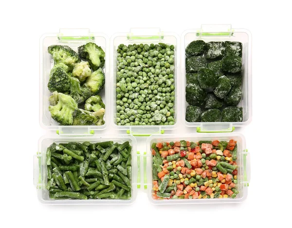 Plastic Containers Frozen Vegetables White Background — Stock Photo, Image