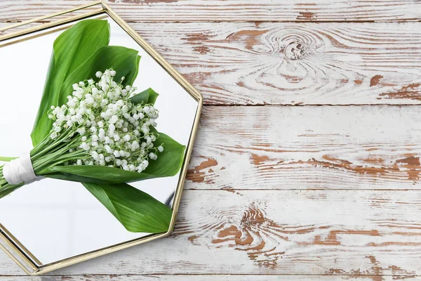 Tray Beautiful Lily Valley Flowers Light Wooden Background — Stock Photo, Image