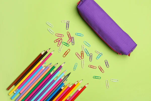 Ołówek Papeteria Tle Koloru — Zdjęcie stockowe