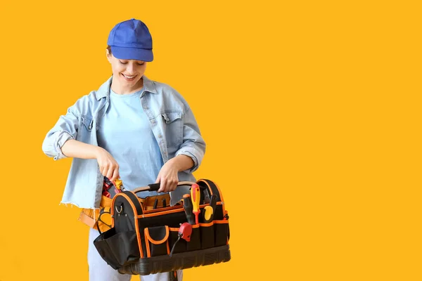 Beautiful Female Electrician Bag Tools Color Background — Stock Photo, Image