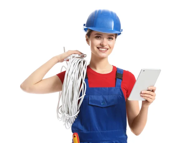 Joven Electricista Femenina Con Tableta Sobre Fondo Blanco — Foto de Stock