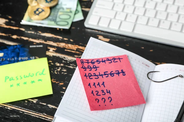 Notebook Hook Paper Passwords Table Hacking Concept — Stock Photo, Image