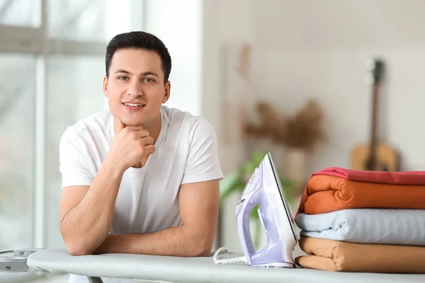 Handsome Young Man Ironed Clothes Home — Stock Photo, Image