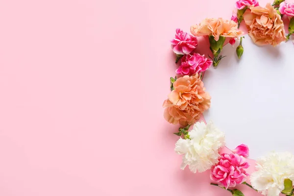 Frame Made Beautiful Carnation Flowers Color Background — Stock Photo, Image