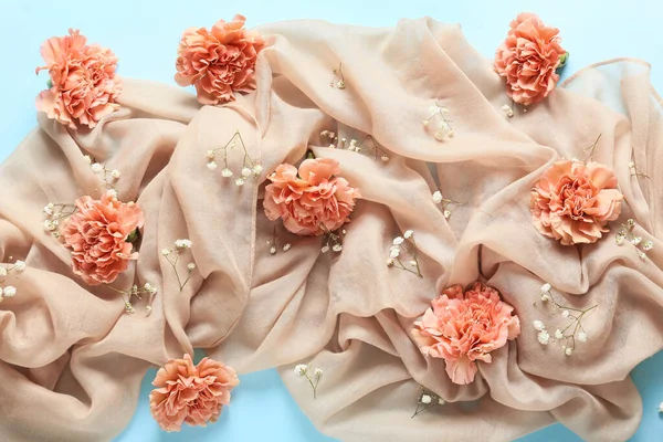 Beautiful Carnation Flowers Scarf Color Background — Stock Photo, Image