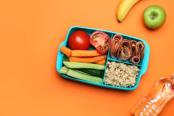 Lunchbox Con Cibo Gustoso Sfondo Colori — Foto Stock