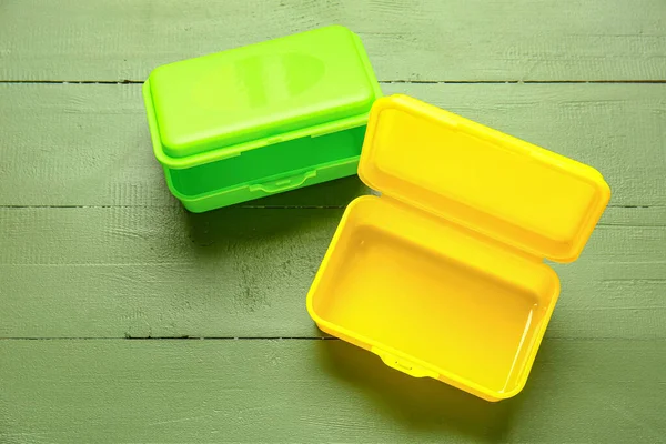 Plastic Lunch Boxes Wooden Background — Stock Photo, Image