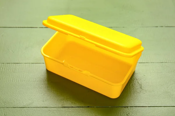 Caja Almuerzo Plástico Sobre Fondo Madera —  Fotos de Stock