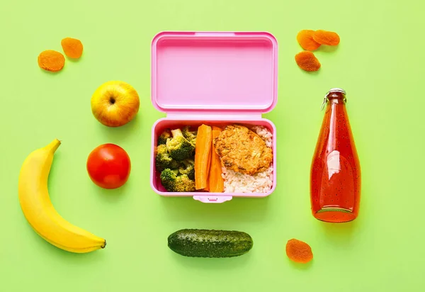 Scatola Pranzo Con Cibo Gustoso Sfondo Colori — Foto Stock