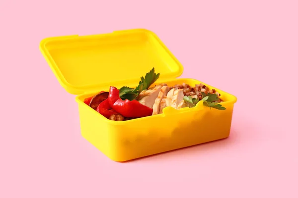 Lunchlåda Med God Mat Färg Bakgrund — Stockfoto
