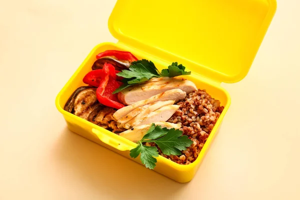 Lunch Box Tasty Food Color Background — Stock Photo, Image
