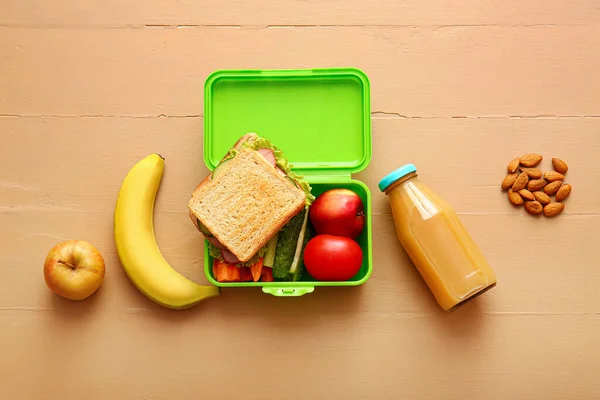 Lunchbox Met Lekker Eten Kleur Achtergrond — Stockfoto