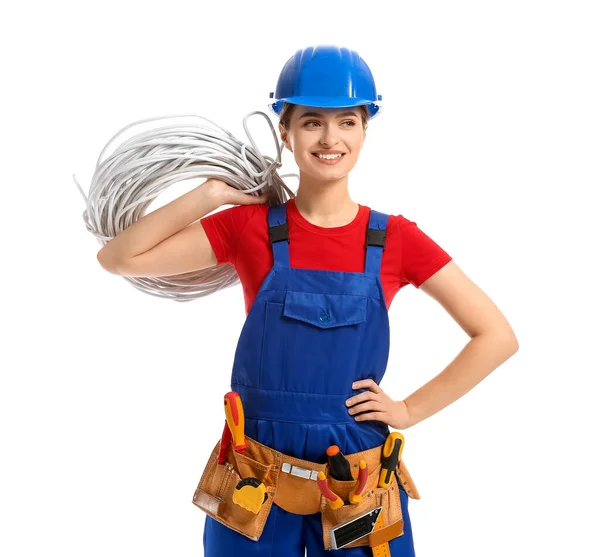 Joven Electricista Femenina Con Cables Sobre Fondo Blanco — Foto de Stock