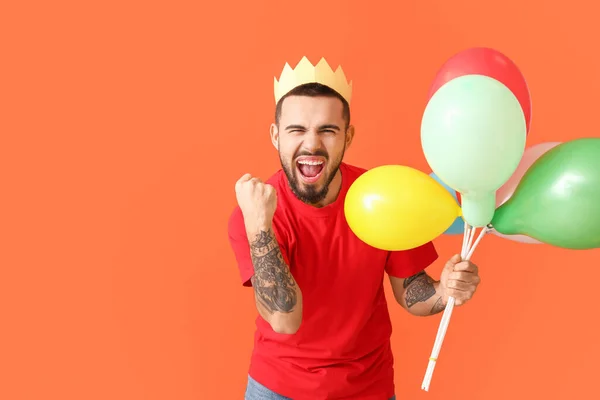 Happy Young Man Air Balloons Color Background — Stock Photo, Image