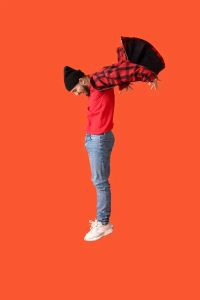 Jumping Young Man Color Background — Stock Photo, Image