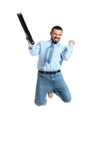 Jumping Junger Mann Mit Aktentasche Auf Weißem Hintergrund — Stockfoto