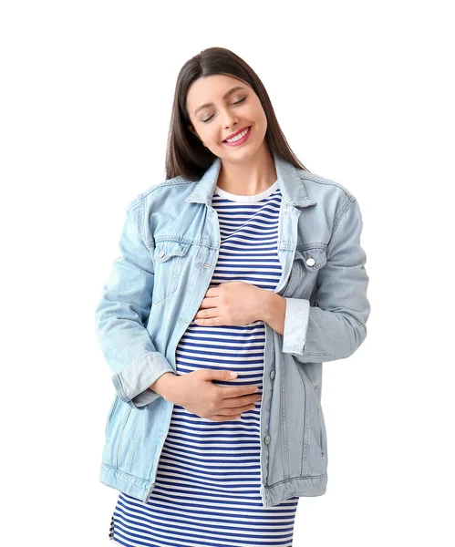 Молодая Беременная Женщина Белом Фоне — стоковое фото