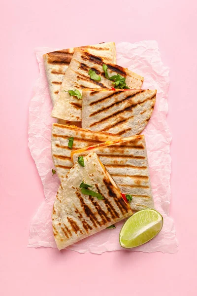 Parchment Tasty Quesadillas Lime Color Background — Stock Photo, Image