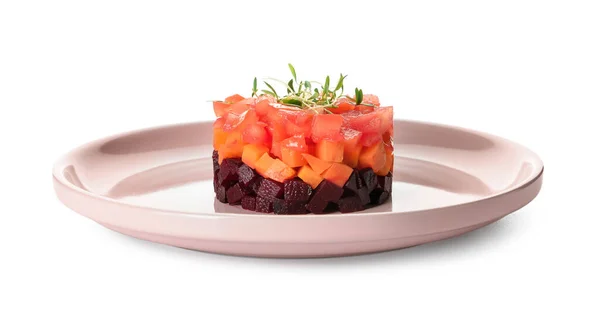 Plate Delicious Tartare Salad White Background — Stock Photo, Image